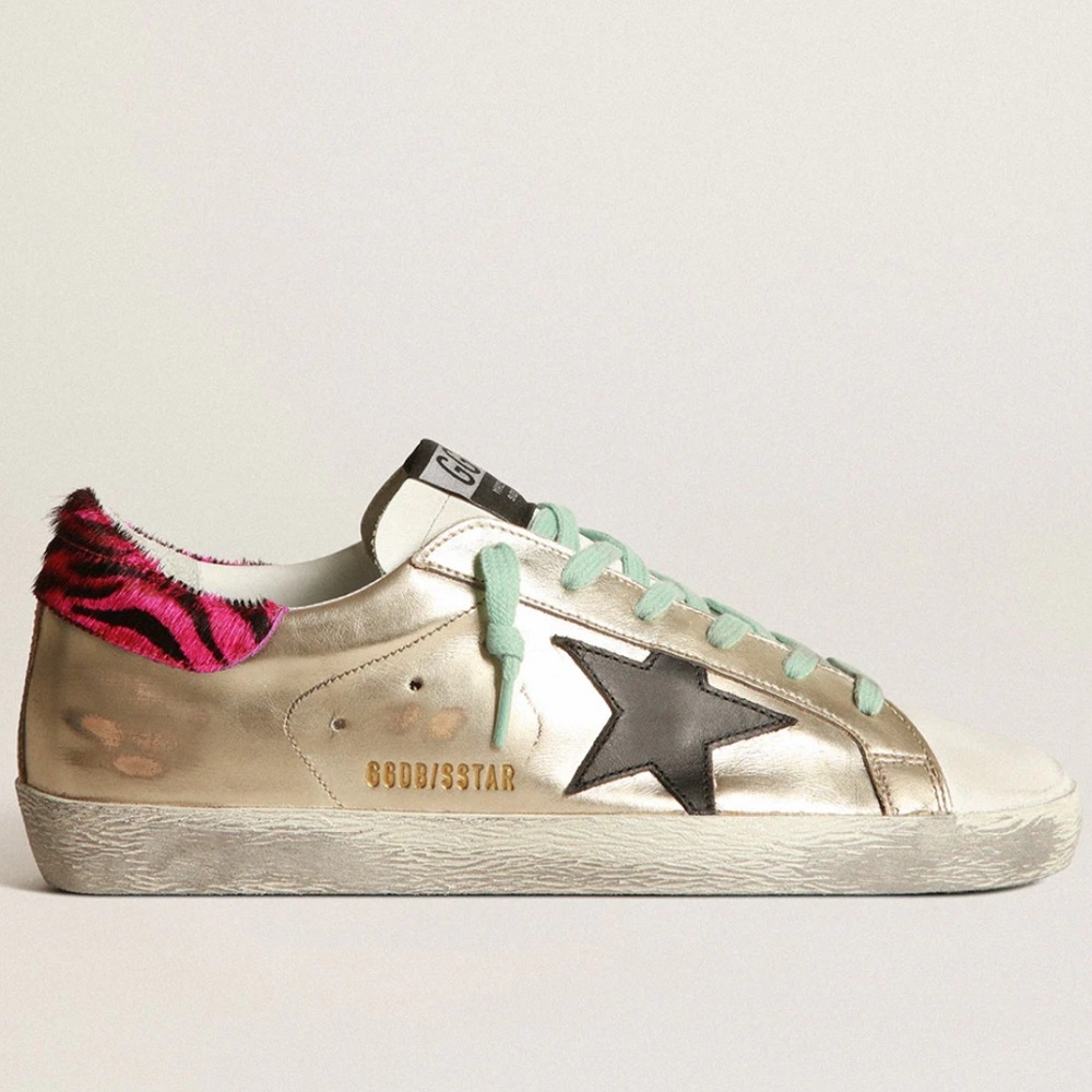 Golden Goose Women's Gold Sneakers with Black Star (Superstar Distressed Leather